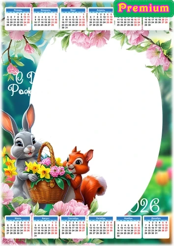 Фоторамка календарь на 2026 год с зайцем и белкой
